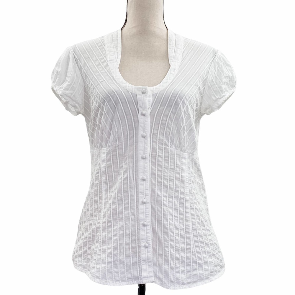 MERONA Solid White Short Sleeve Embroidered Button Down Blouse
